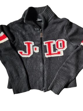 Vintage Jennifer Lopez Black Knit Cropped Zip Sweater with J-Lo Logo